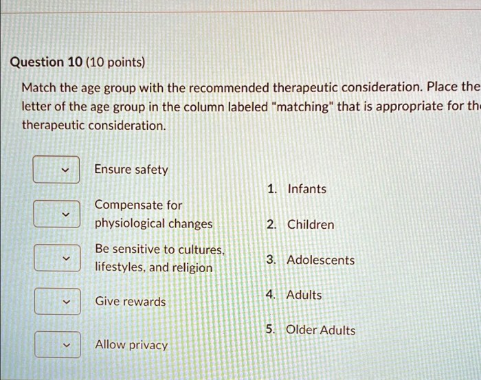 Match the age group with the recommended therapeutic consideration